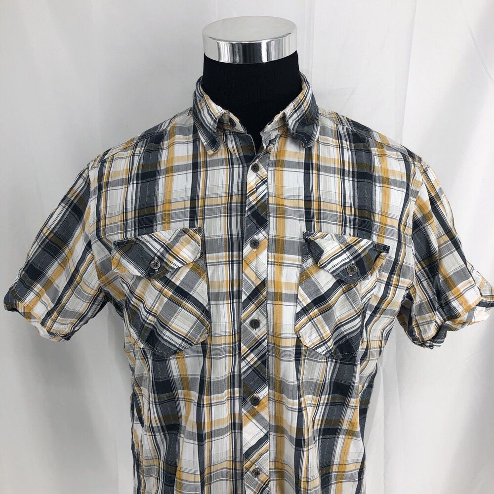 KUHL Suncel Button Up Yellow Black Plaid Short Sleeve Outdoor Shirt Large